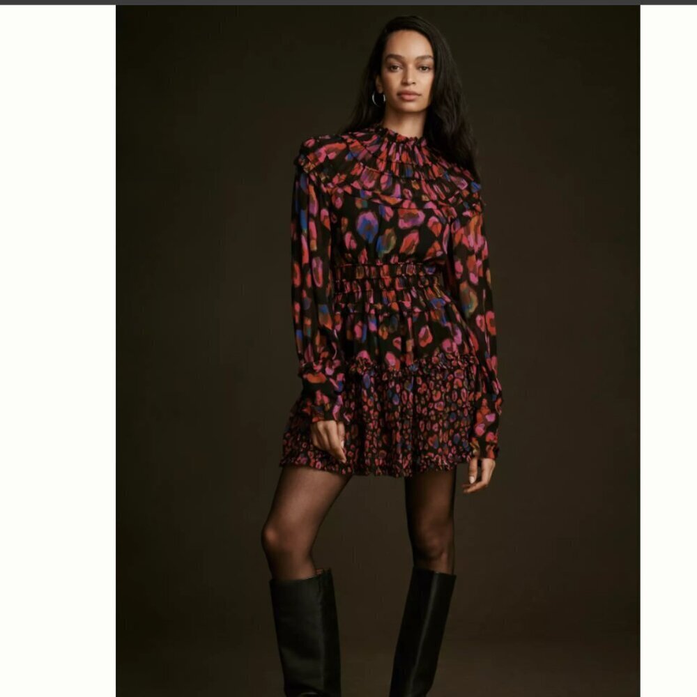 NWT FARM Rio Iridescent Leopard Print Ruffled Mini Dress Black Smocked Neck XXS